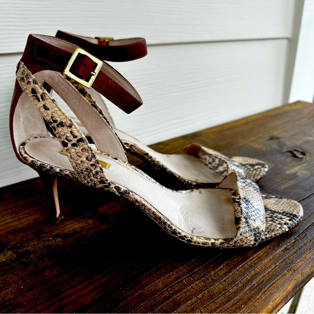 Louise et Cie Snakeskin Patterned Heels with Brown ankle strap.
